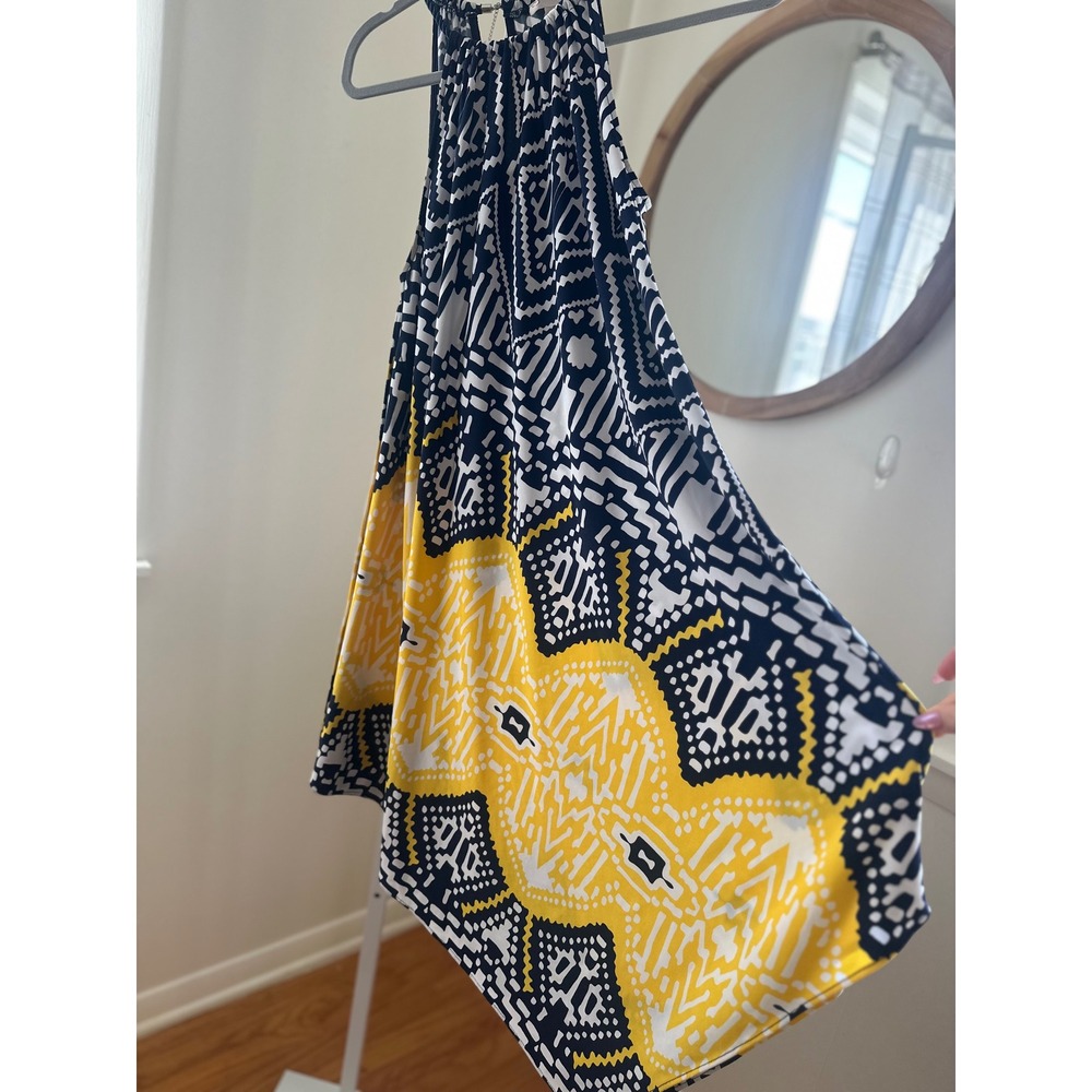 Dressbarn Halter Neck Handkerchief Hem‎ Dress Navy White Yellow Geometric L - Picture 3 of 8